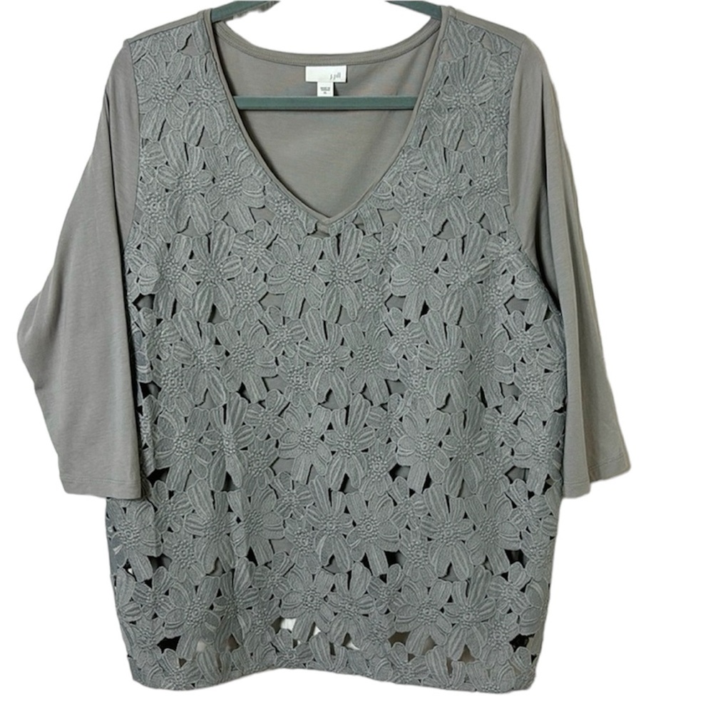 J. Jill Gray lace overlay floral crochet front V-neck top size XL Cotton Modal